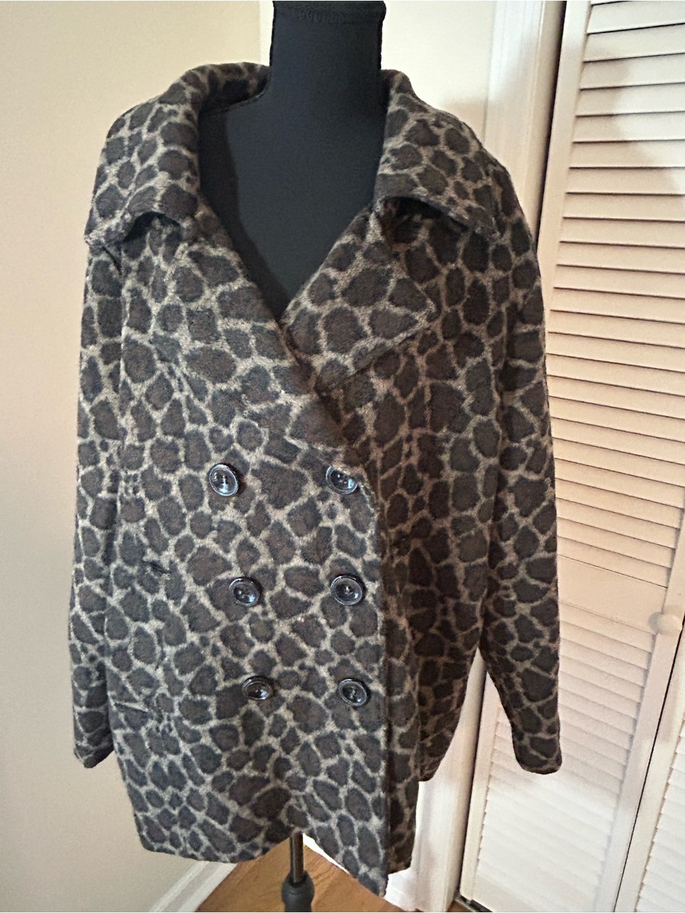 Me Jane Leopard-Print Double-Breasted Pea Coat - Brown/Black